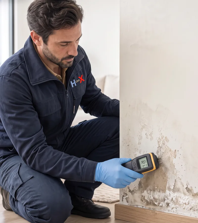 Rising damp and blown plaster at the bottom of a wall in Sale