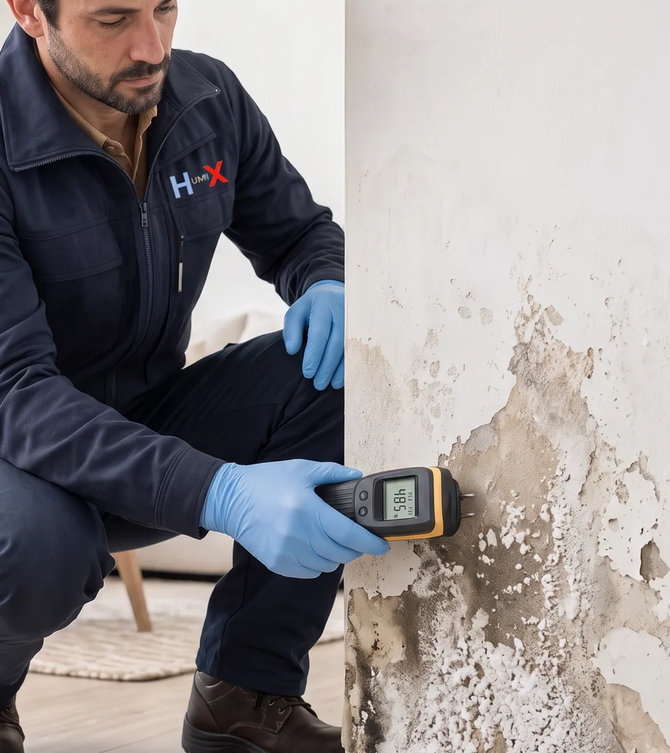 Surveying a damp wall in Sale